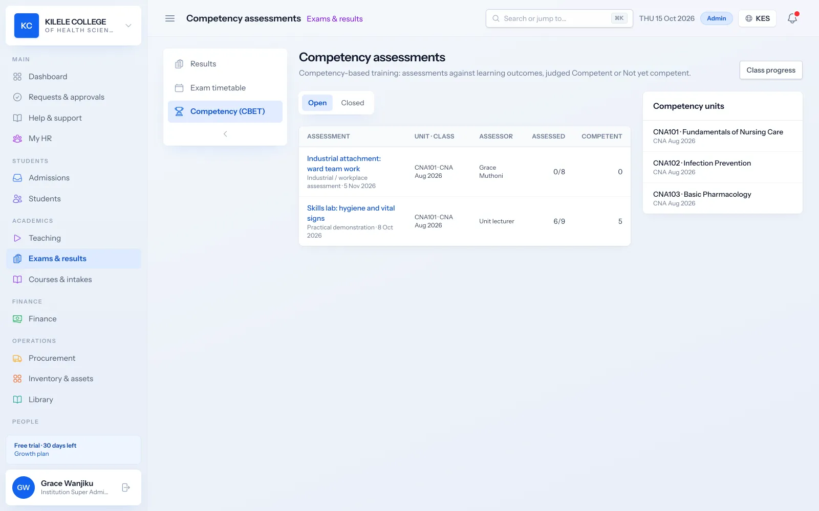 Soma360 Competency-based training (CBET) screen