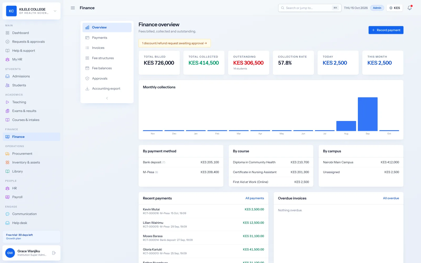 Soma360 Fees & payments screen
