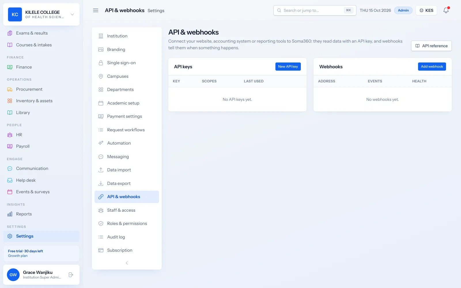 Soma360 settings where integrations and API keys are managed