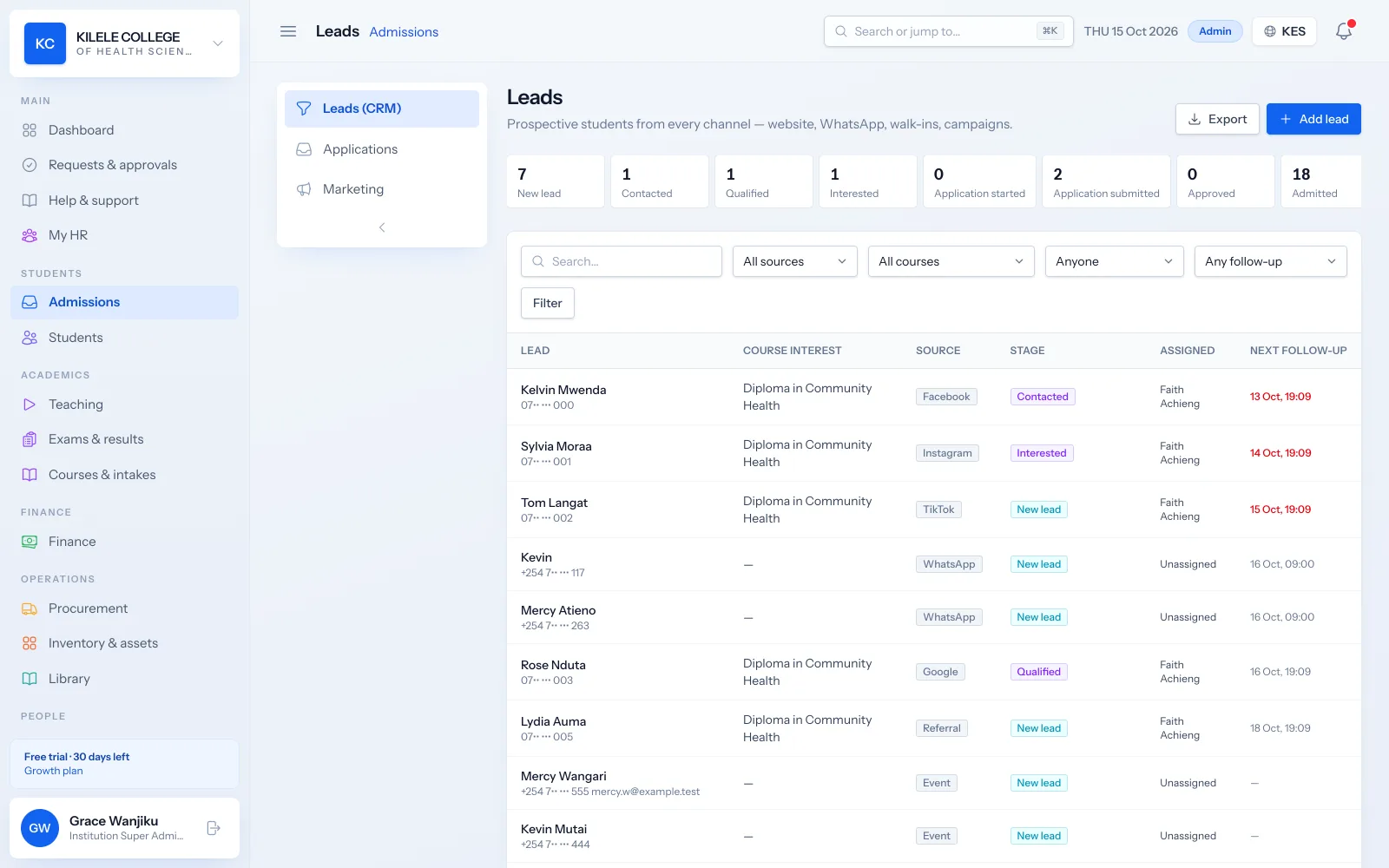 Soma360 Admissions management screen