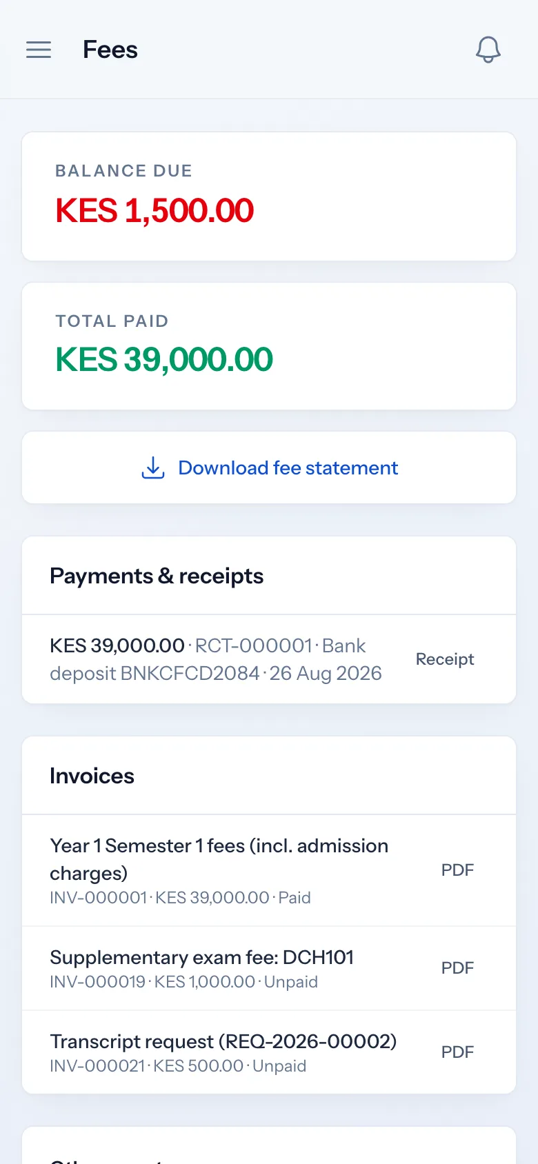 Soma360 student portal: Fee statements
