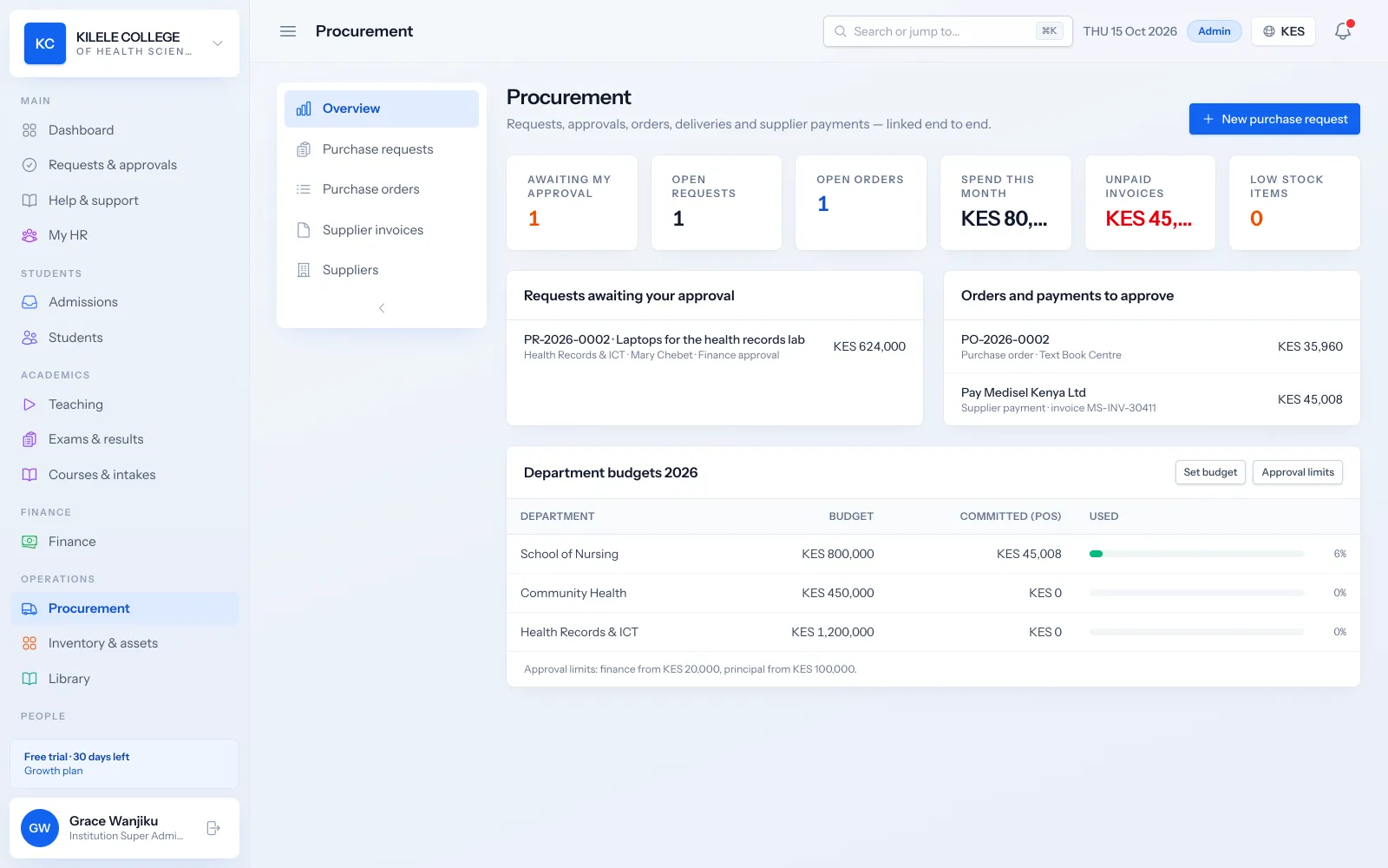 Soma360 Procurement & inventory screen